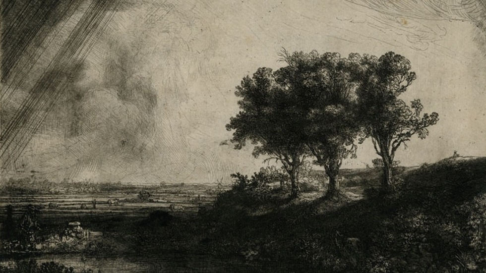 Etching of three trees by Rembrandt