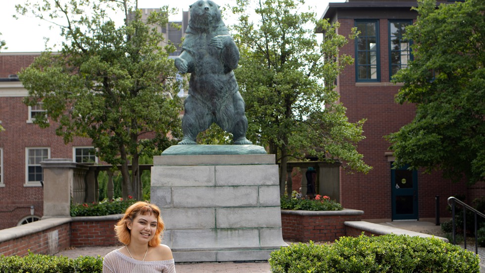 Maggie Bauer in the foreground of "Bronze Bruno"