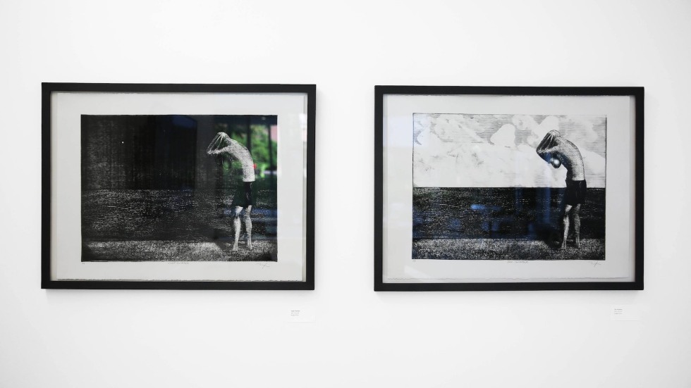 two black and white prints of a person getting ready to swim