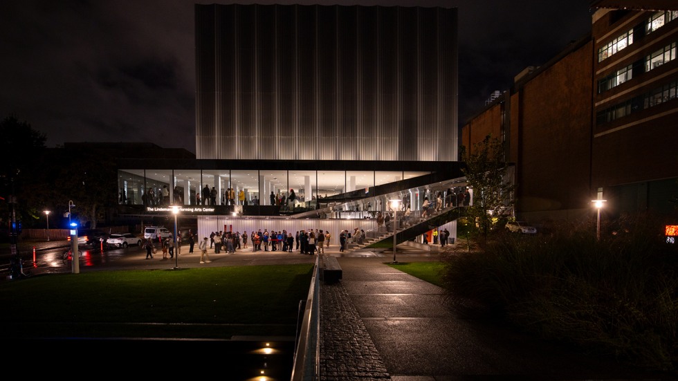 Exterior of LIndemann Performing Arts Center at night