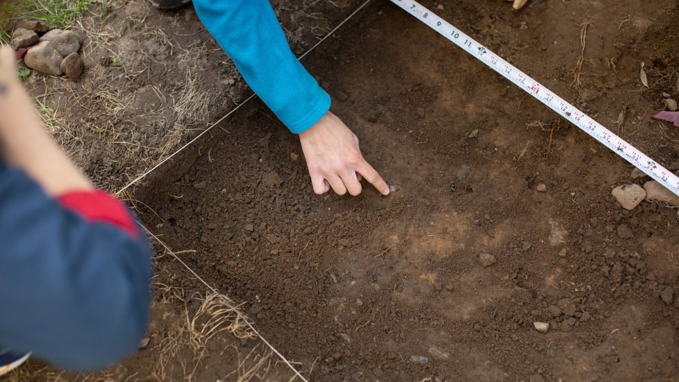 Student points to item in soil