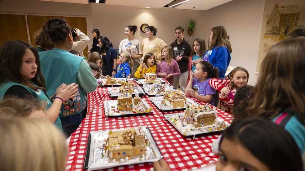 gingerbread houses were all brought to the center of the room 