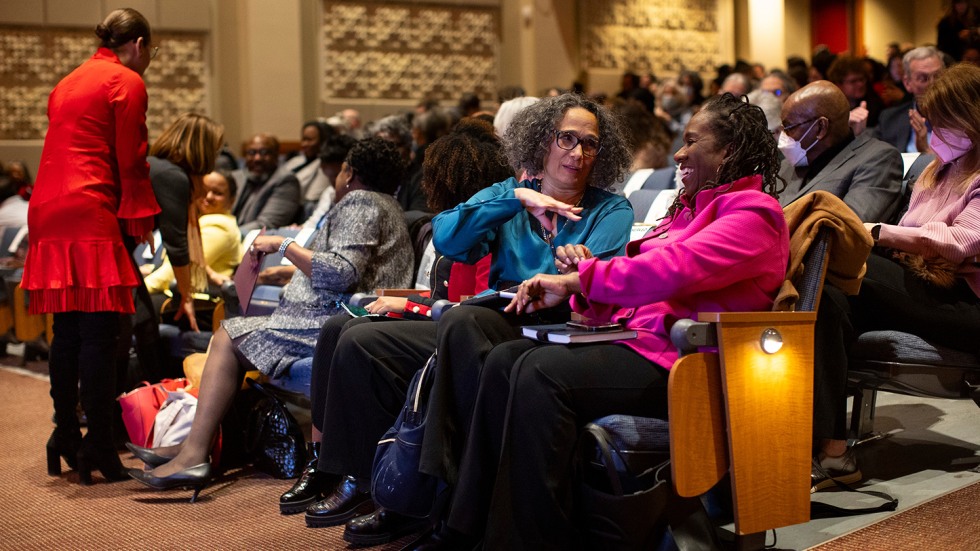 Tricia Rose and Sherrilyn Ifill talk in the audience