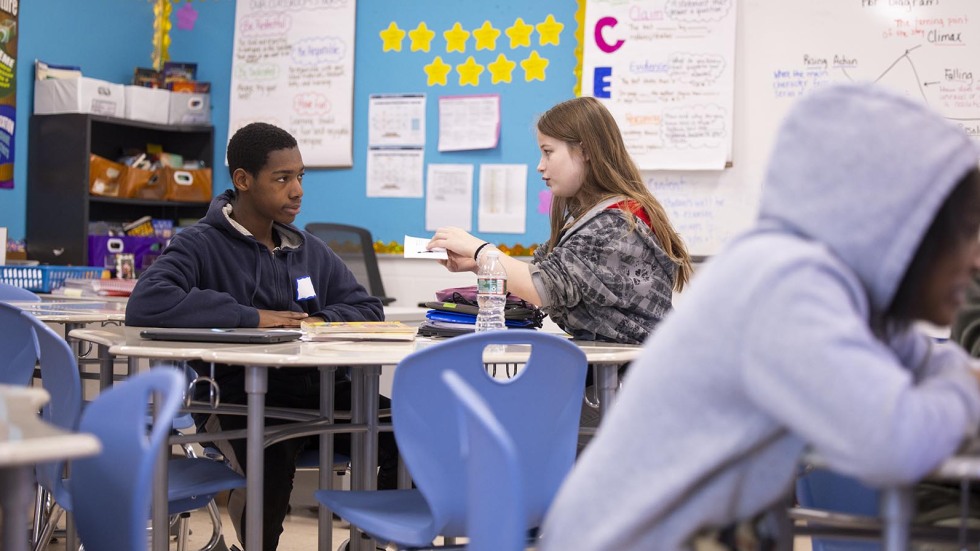 Central Falls students work together on sexual health worksheet