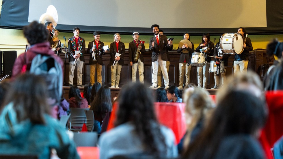 Brown Band performs on Sayles Hall stage