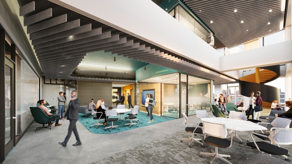 research floor collaboration area rendering Ballinger