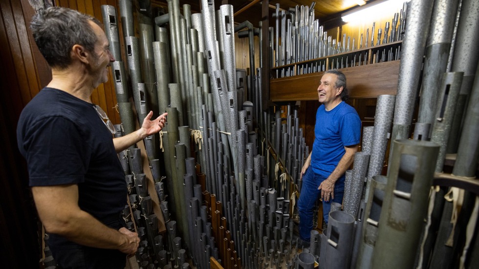 Two people stand amid pipes in swell division of the organ