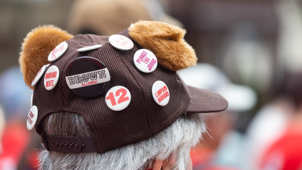 Hat with bear ears adorned with Brown Band pins 