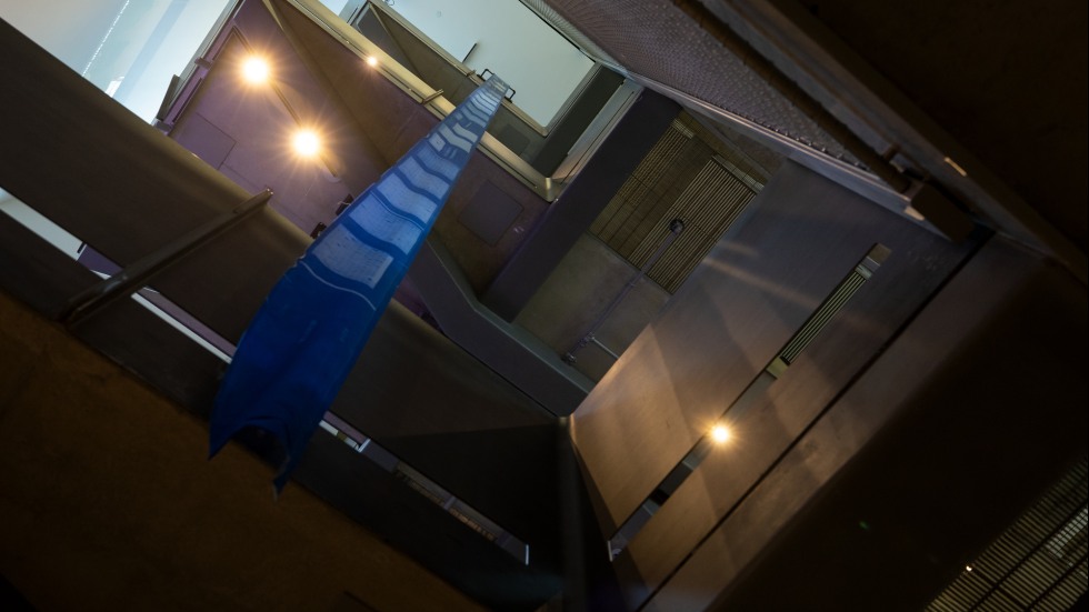 Silk cyanotype print hangs in Granoff Center