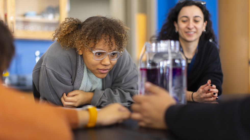 High school students observe the behavior of the red and blue water