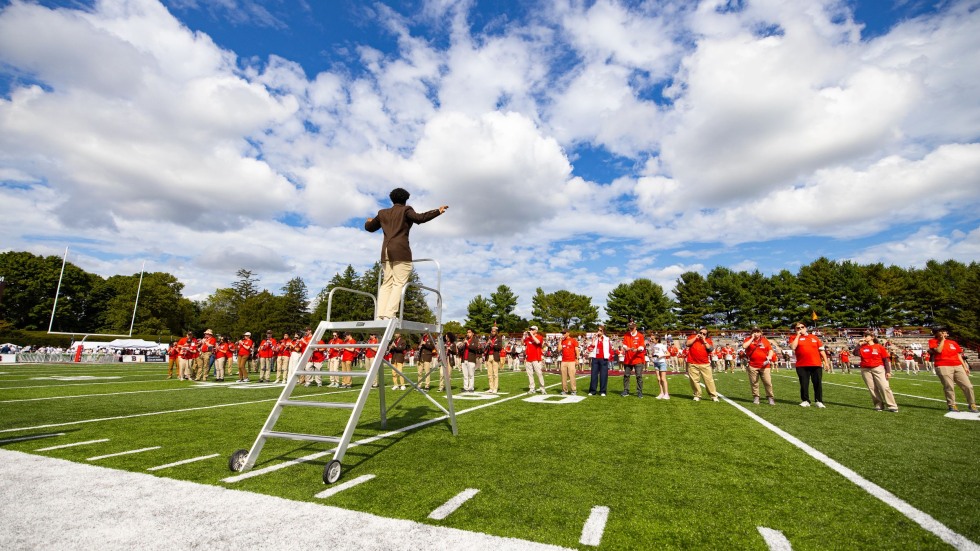 Kanayo Duru leads the Brown Band at the football stadium