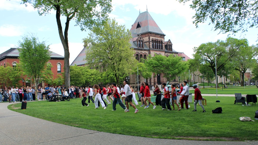 Students dance on College Green 