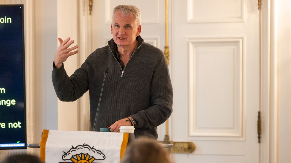 Timothy Snyder speaks at a podium