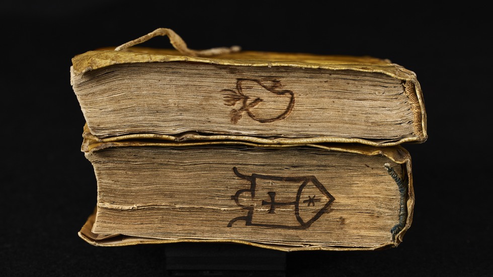 Books with burned insignias in the paper