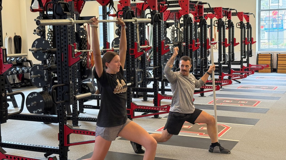 Julia Grzybacz, a rising senior at Cumberland High School, is mentored by Assistant Strength and Conditioning Coach Anthony Paiva in Brown’s Zucconi Strength and Conditioning Center. 
