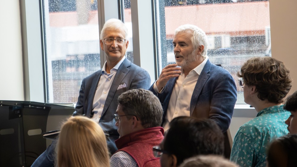 Venture capitalists Bob Maccini (left) and Chuck Collins (right) served on the judging panel