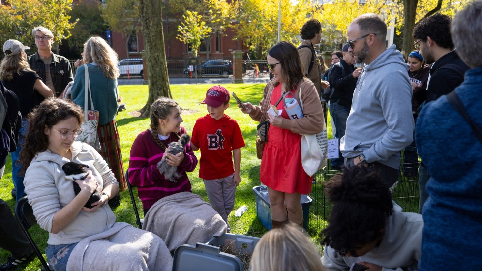Families enjoy holding animals including ducks and rabbits, held in blankets. 