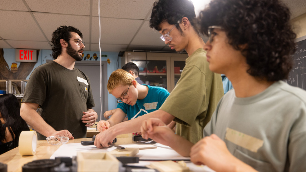 Providence high schoolers work together in the Brown Design Workshop as an after-school activity following academic classes for Brown Summer High School.