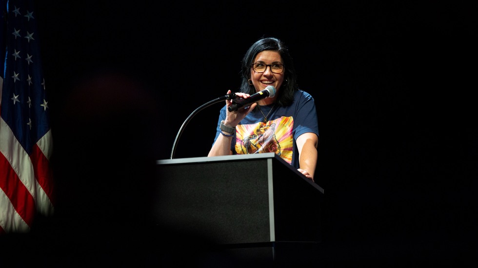 Serving as emcee, Sarah Latham, executive vice president for finance and administration, welcomed attendees.