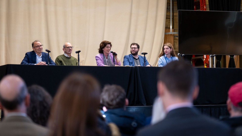 Maud Mandel (center), a former history and Judaic studies professor at Brown who is now president of Williams College, joined panelists in discussing the foundational role Brown has played in propelling the field of Judaic studies. Photos by Peter Goldberg. 