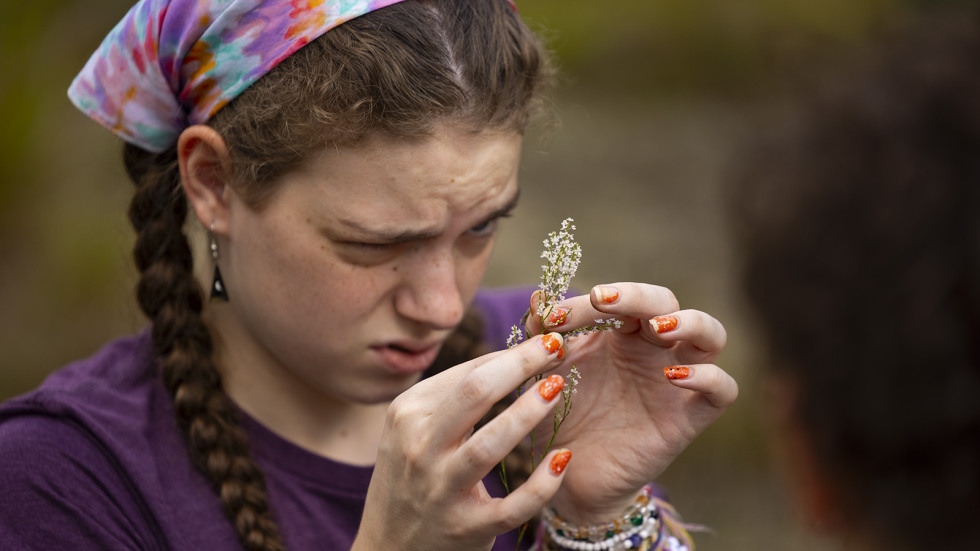 A student looking closely at a white flowering plant