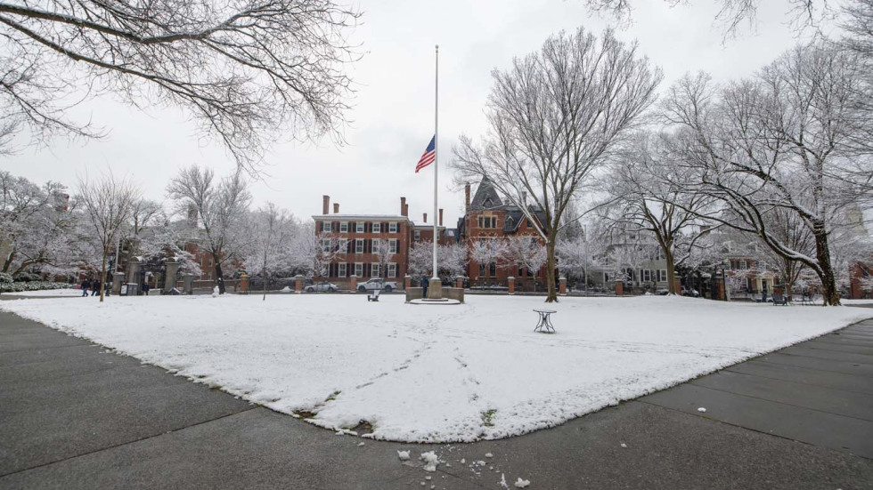 a flag flies at half staff on a snow covered lawn