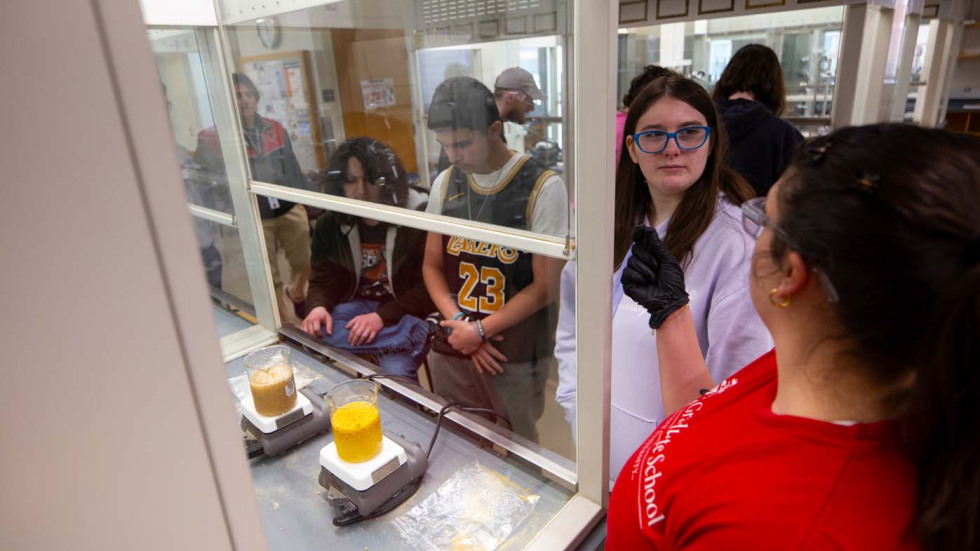 students gathered around a chemistry fume hood