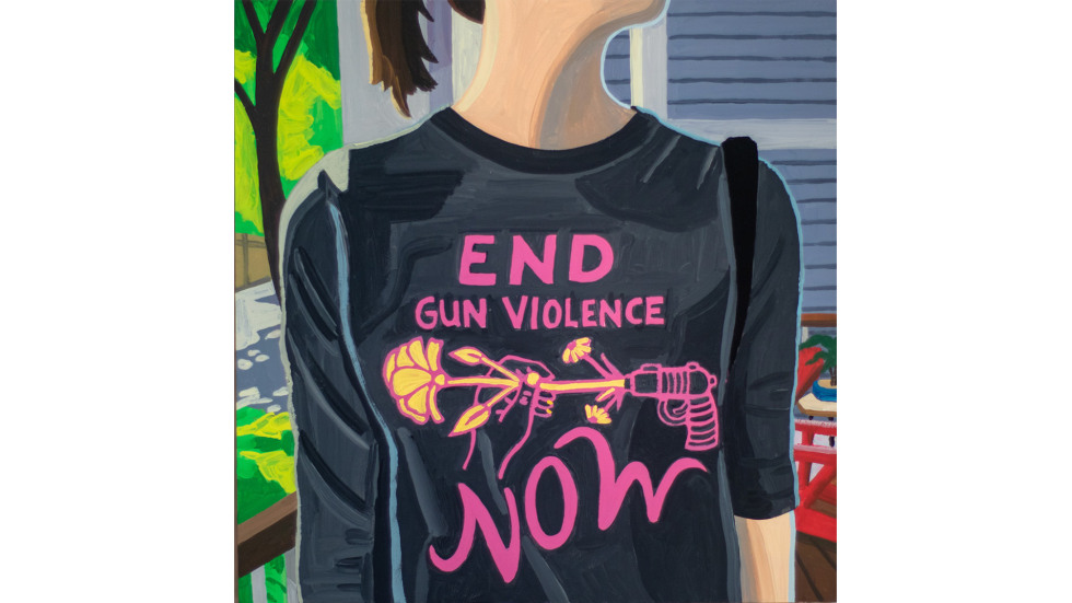 Painting of woman with "End Gun Violence Now" shrit 