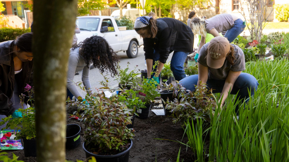 Students planting a garden