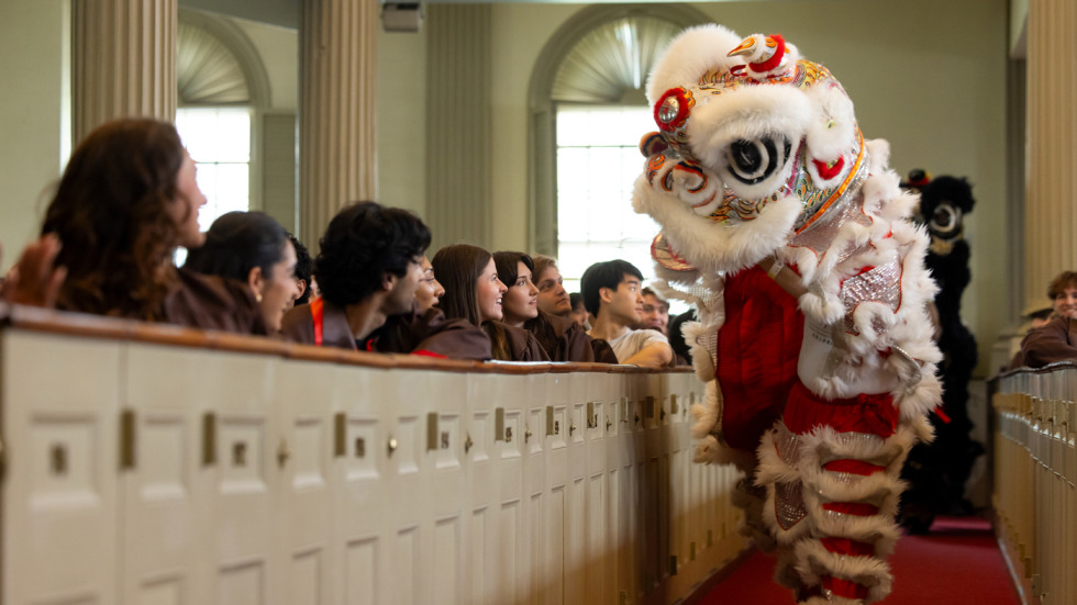 Students perform a Chinese lion dance