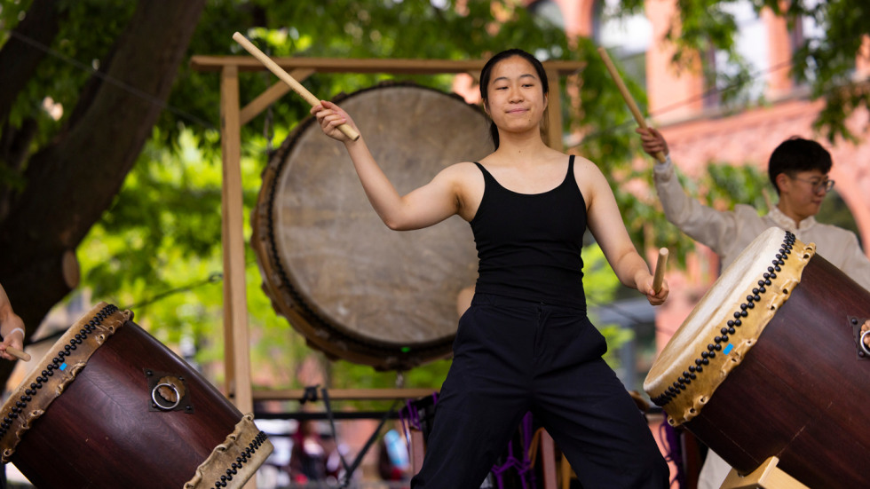 Gendo Taiko performs on the lawn of the First Baptist Church in America