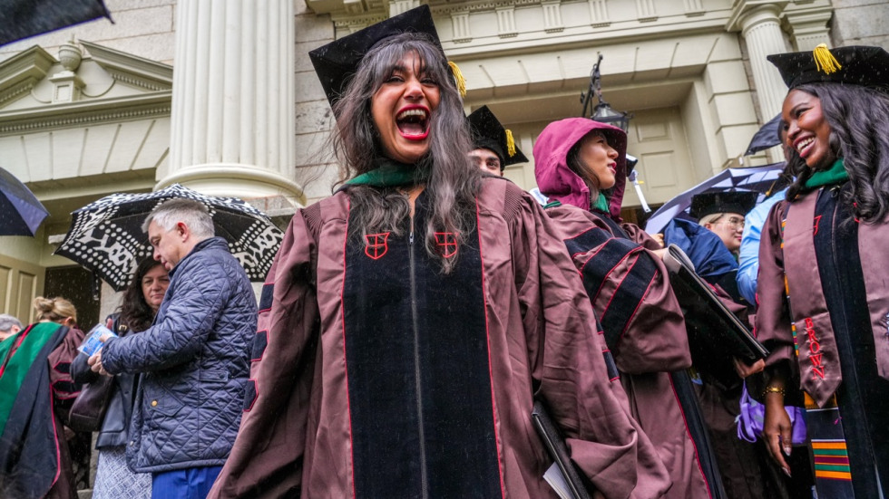 Medical school students outside the ceremony