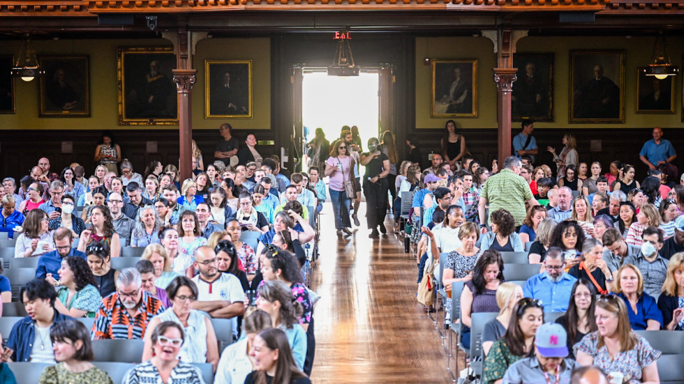 Large audience in Sayles Hall 