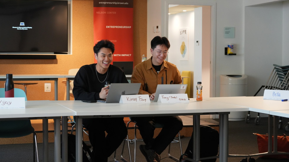 Kinsey Feng and Yanle (Tony) Lyu sit together on first day of B-Lab