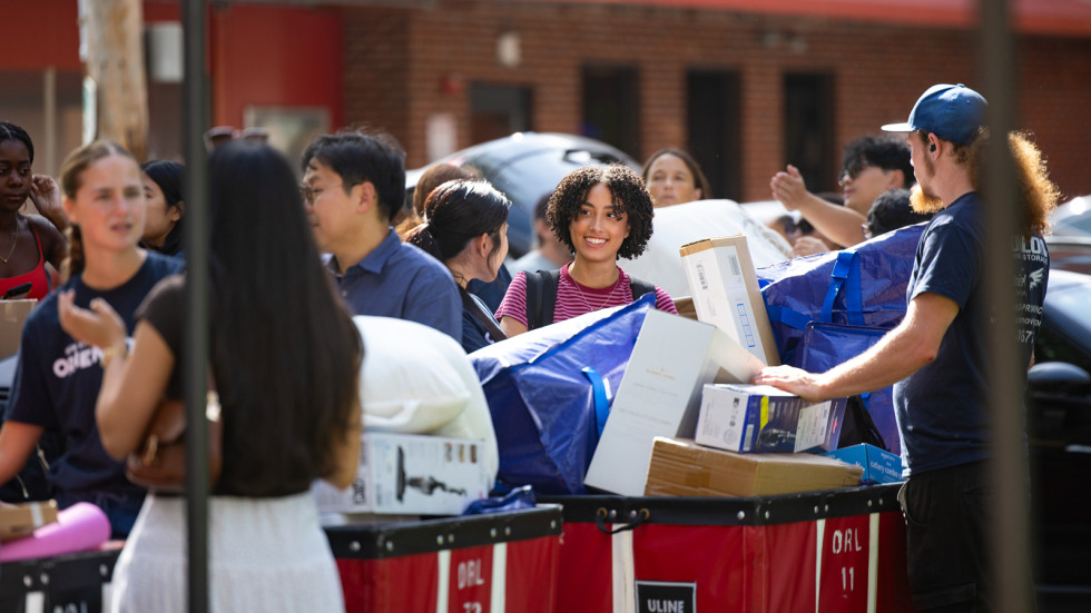 Student stands in cart line on move-in day