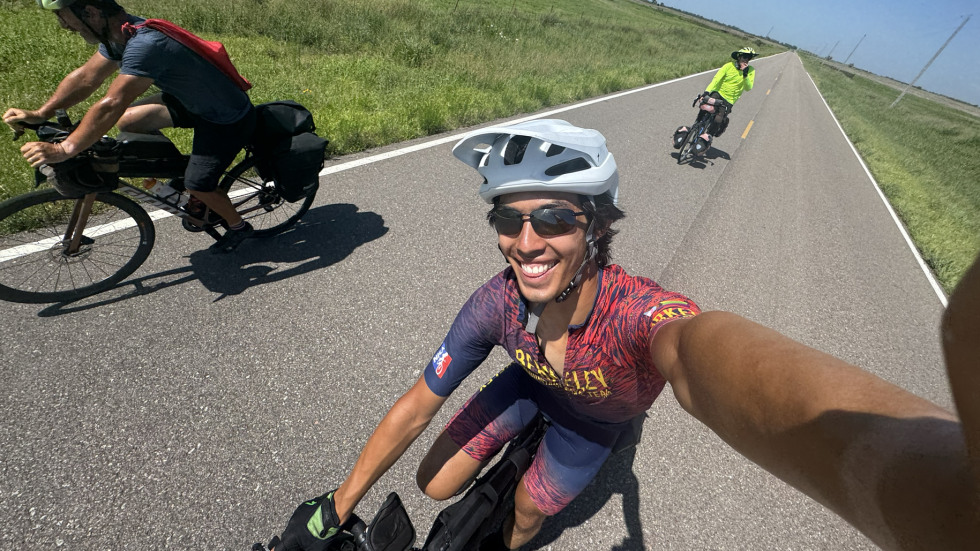 Theodore Lam takes a selfie on his bicycle