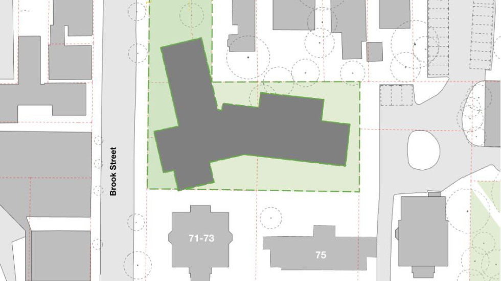 2D rendering of site map of anticipated economics building showing site mid block