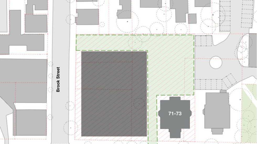 2D rendering of site map of anticipated economics building showing site corner block