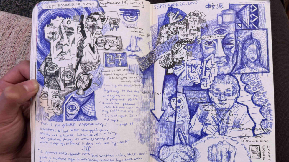 notebook with drawings