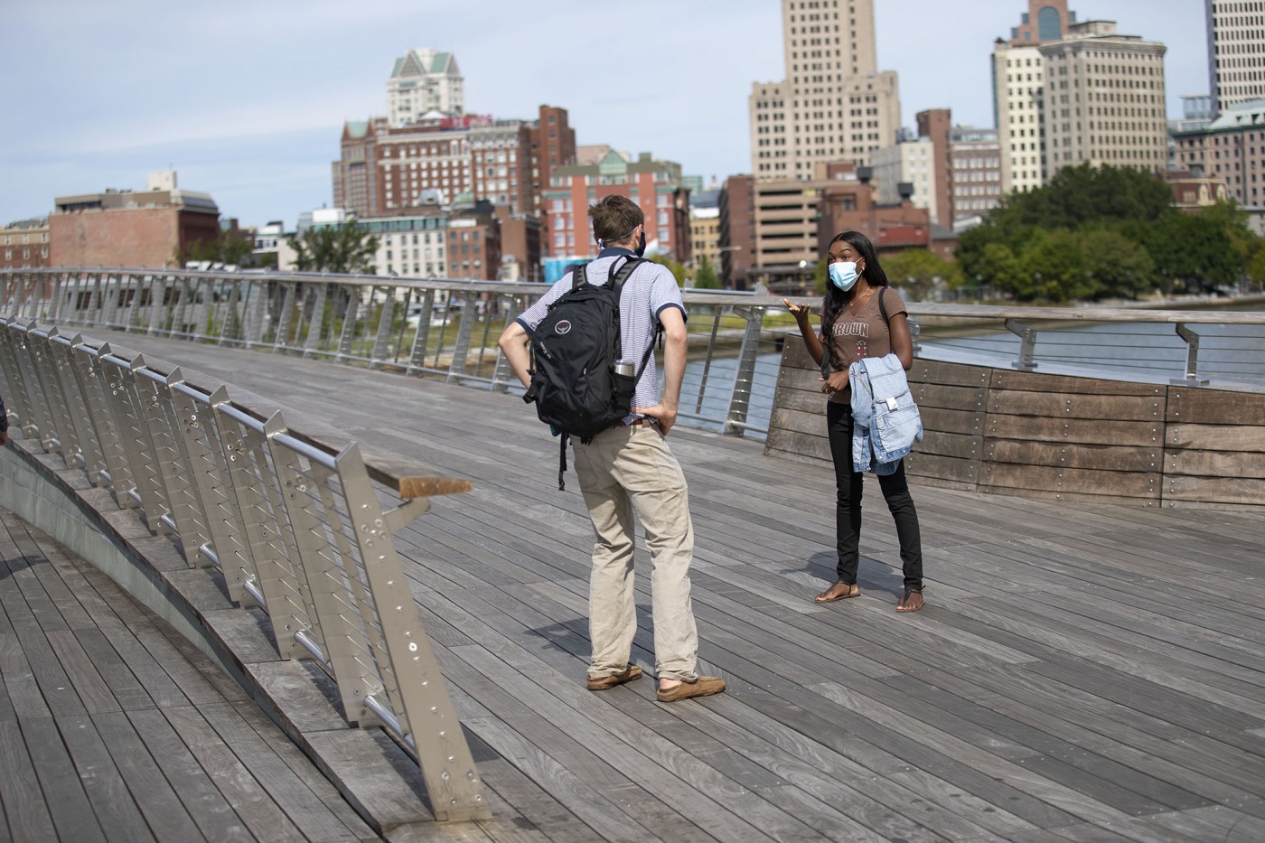 Brown students having a socially distanced conversation in downtown Providence. Photo: Nick Dentamaro 