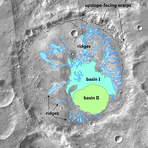 An aerial shot of the crater on Mars shows the two basins and ridges around them