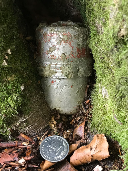 metal canister between mossy rocks with coin for scale