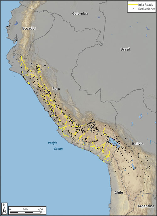 Map of reducciones and imperial Inca highway system