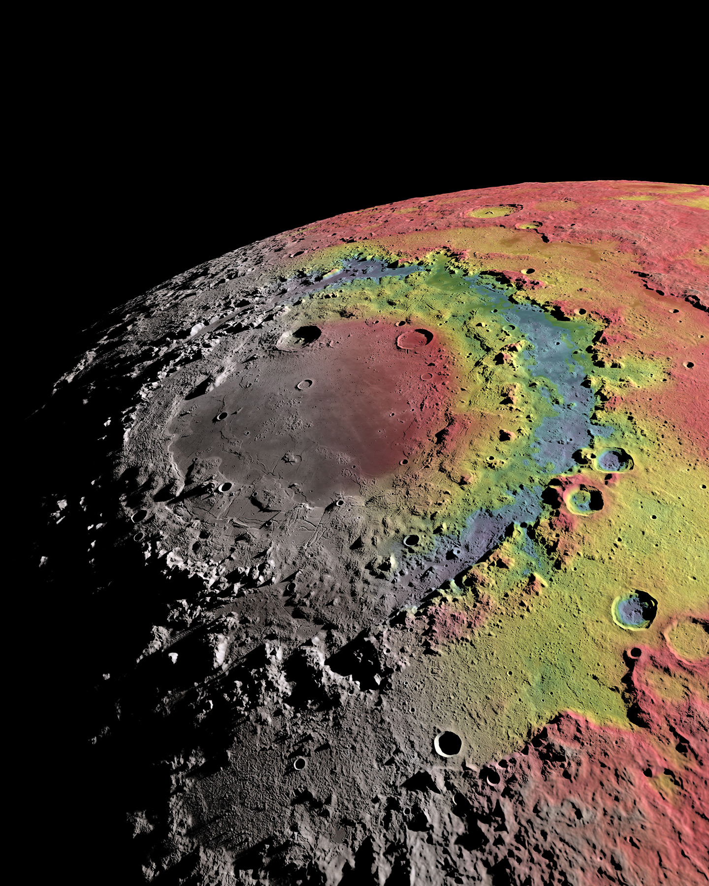 Orientale basin on the moon colored red to blue, showing differences in gravitational signature