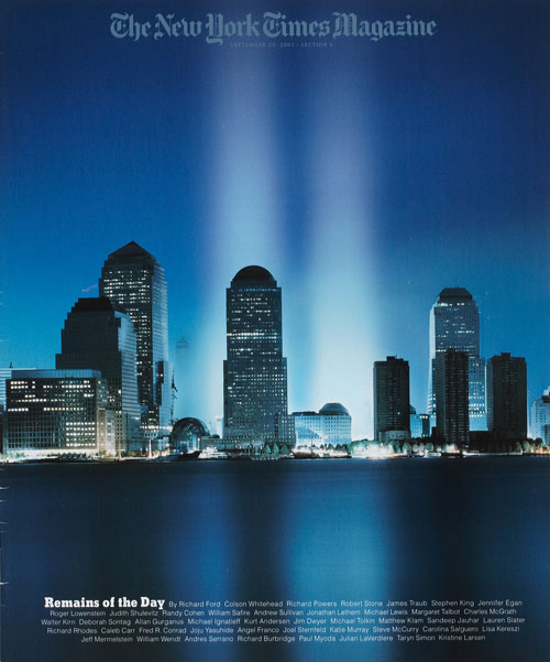 Drawing of "Tribute in Light" on the cover of the New York Times Magazine