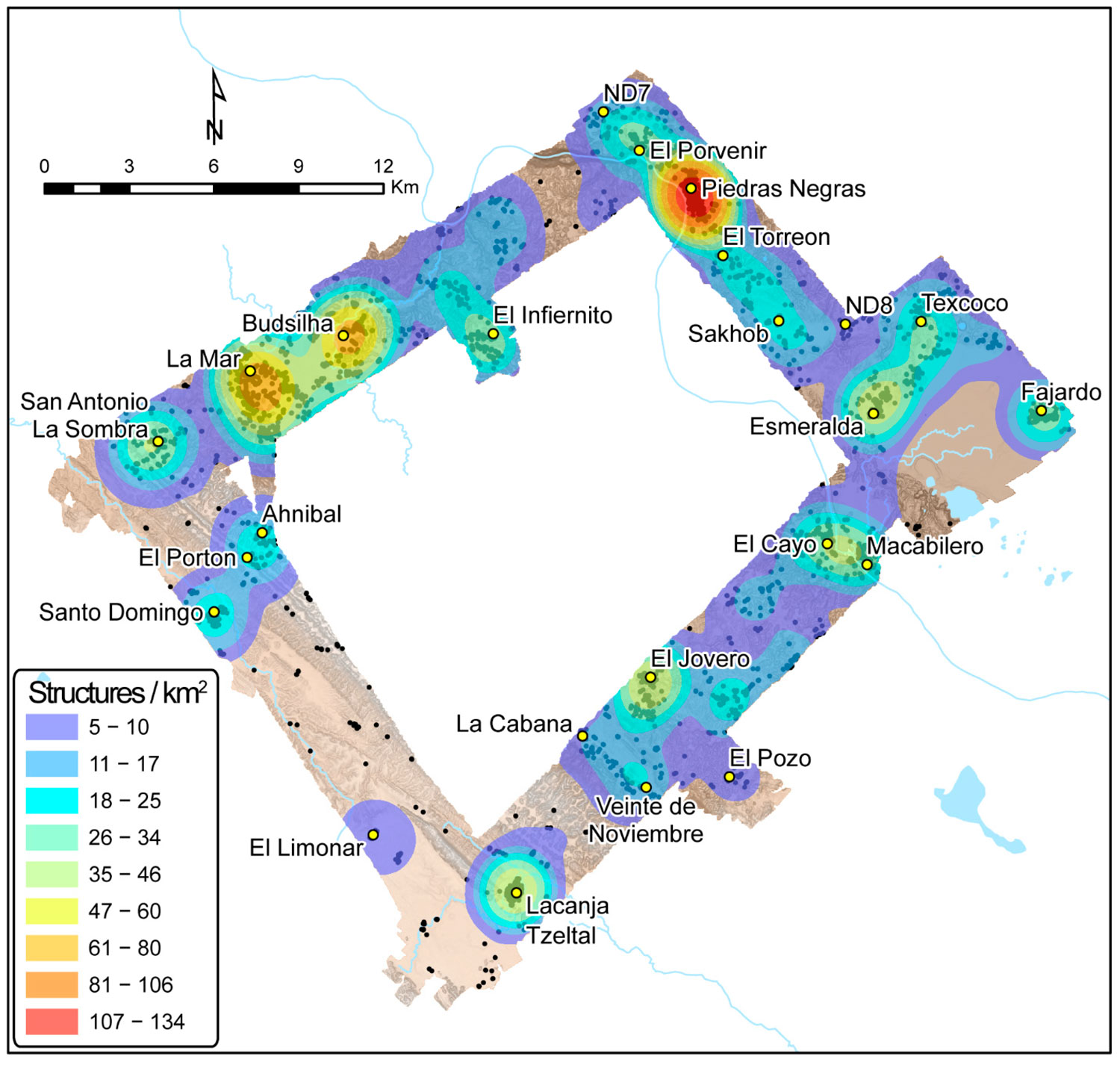 density map of Piedras Negras, La Mar and Lacanja Tzeltal