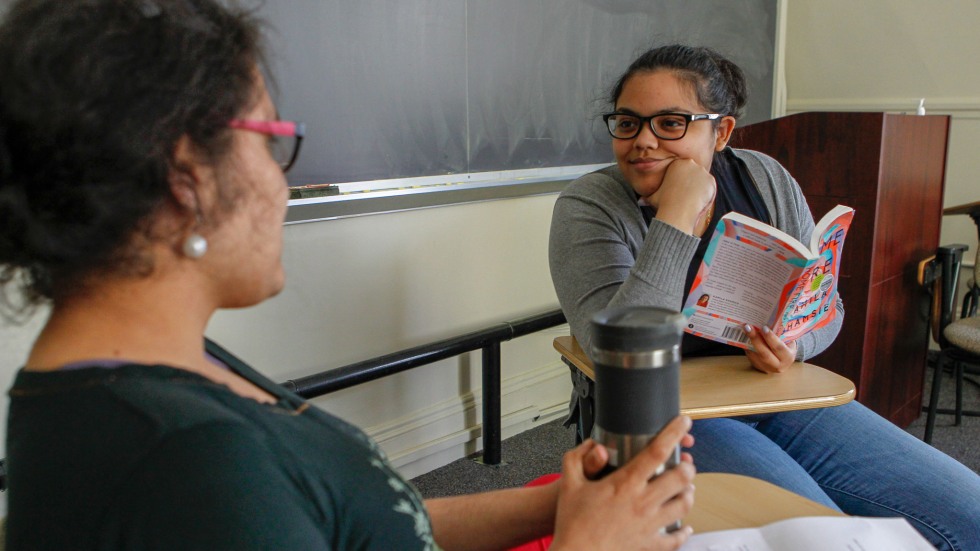 Kasturi Pananjady (left) and Nathaly Mejia (right) were among the students who read and analyzed contemporary adaptations of "Antigone."