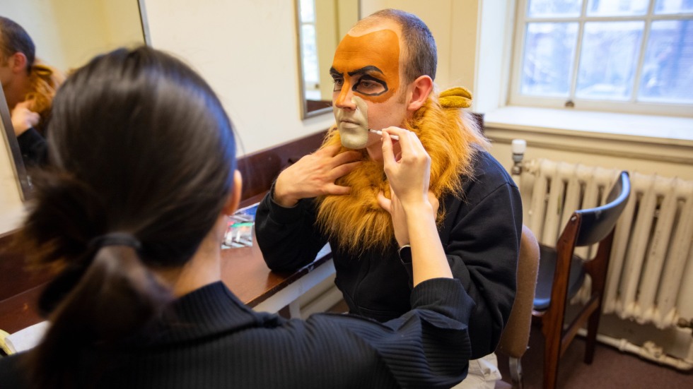 Woman applying lion makeup to a man's face