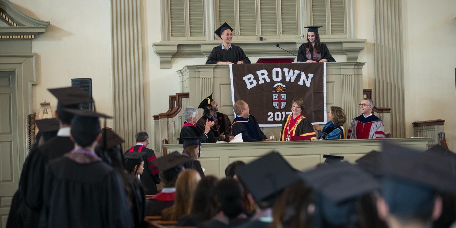 Students displayed the Class of 2017 banner at the speaking podium during the Baccalaureate Ceremony.
