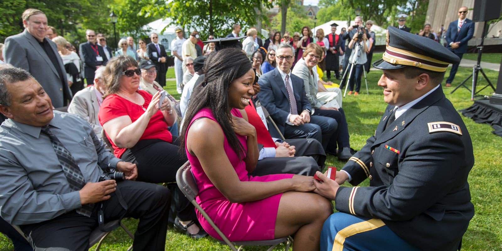 After receiving his commissioning, Aranda proposed to his girlfriend, Uzoamaka Okoro, a Brown alumna who was commissioned as a second lieutenant during last year's ceremony.